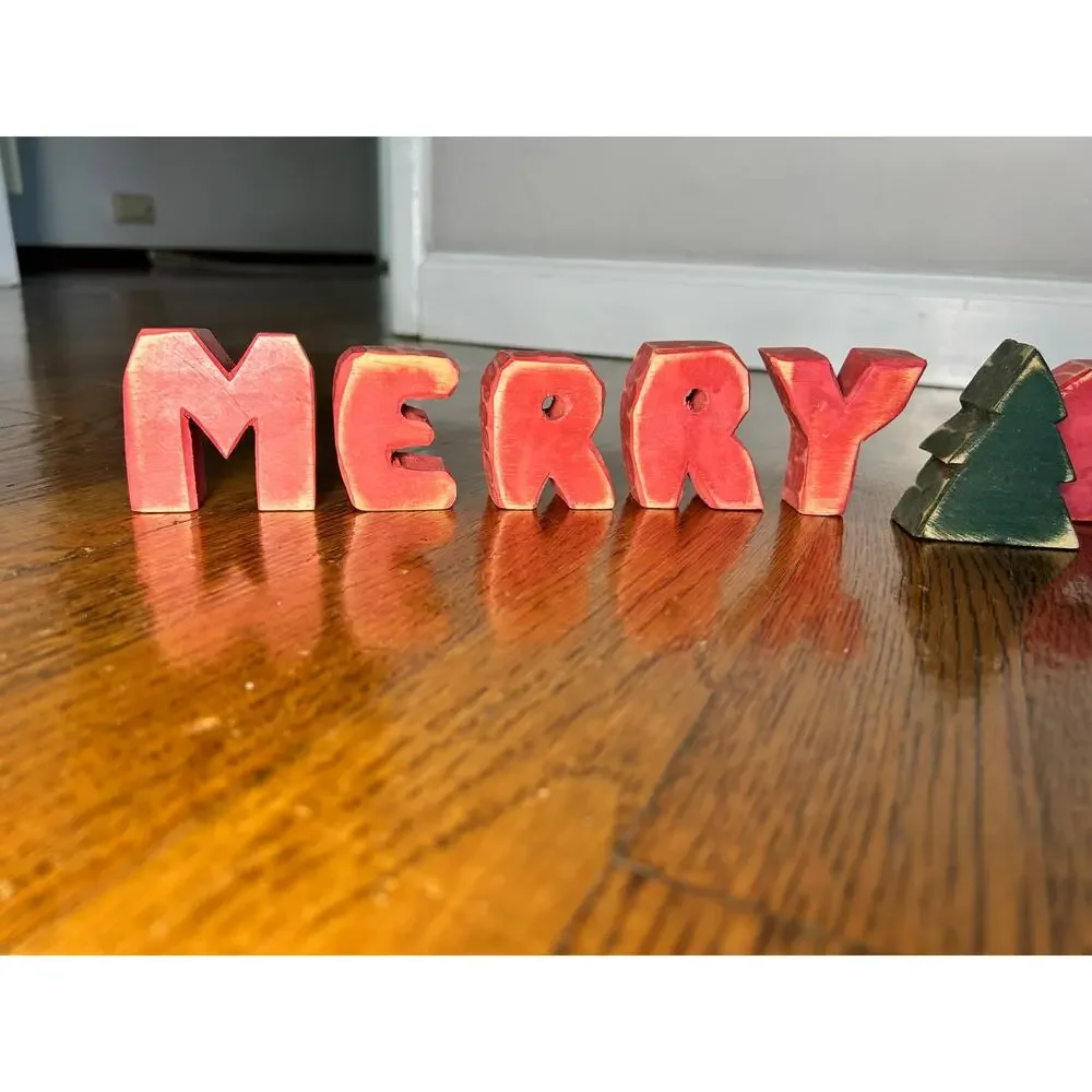 Vintage Wood Merry Christmas Letter Blocks, Hand Painted Standing Letters